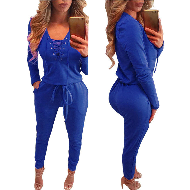 Long Sleeve Lace Up Deep V Neck Draw String Waist Long Jumpsuit