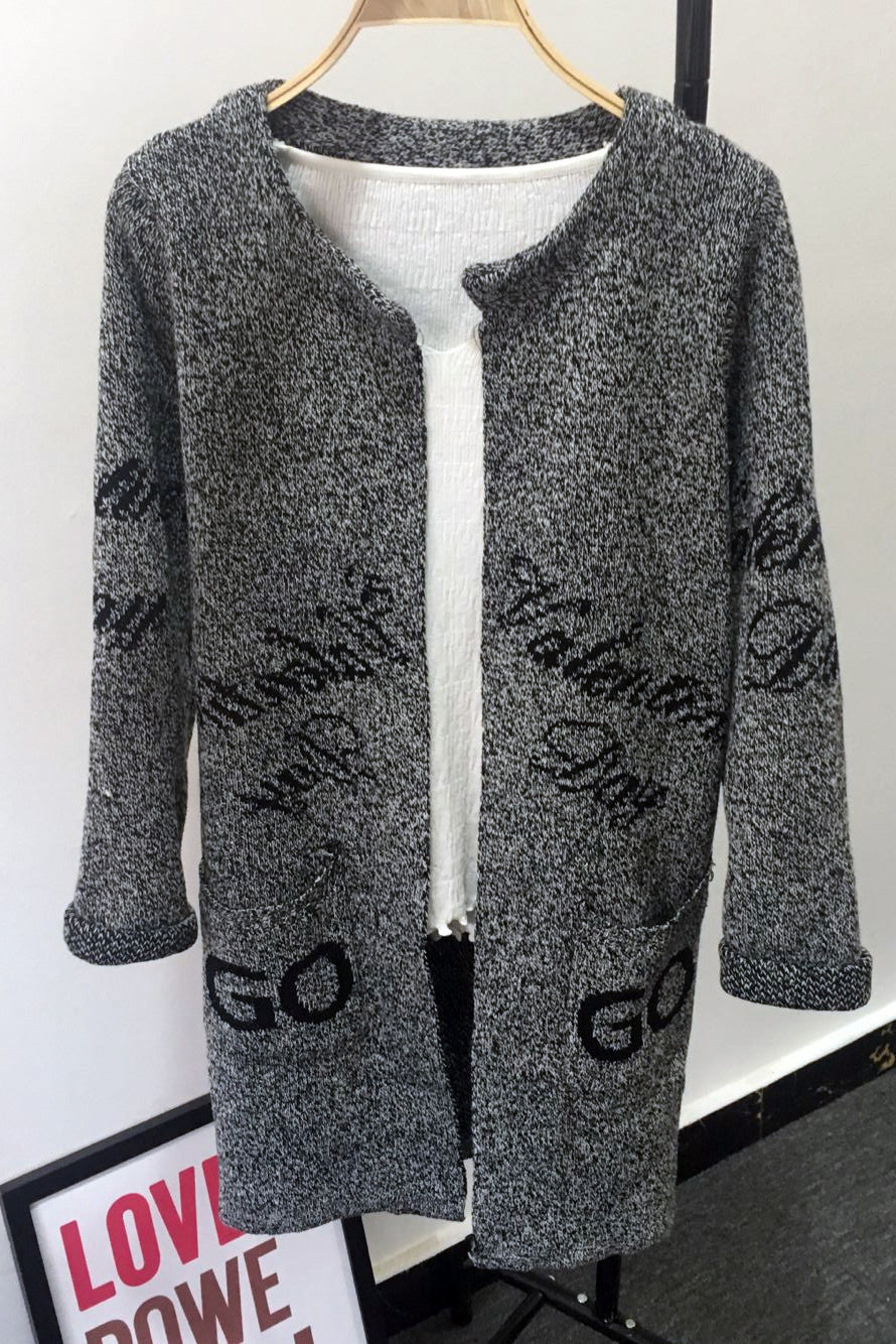 Long Sleeves Print Scoop Regular Cardigan