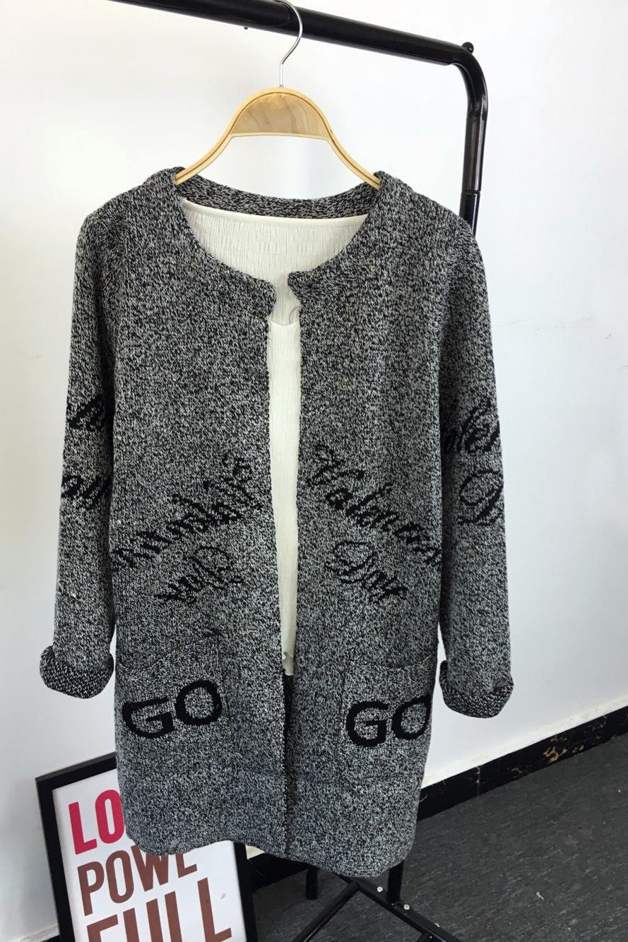 Long Sleeves Print Scoop Regular Cardigan