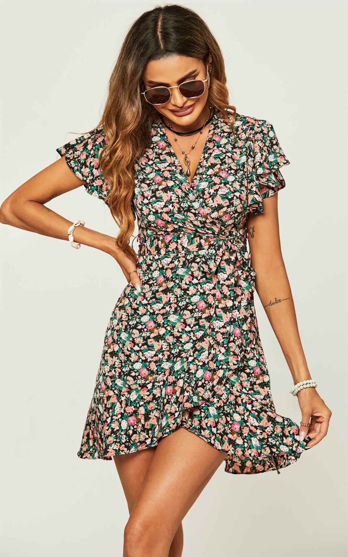 Sprint Floral Print Hem Frill Detail Super Mini Wrap Dress In Black