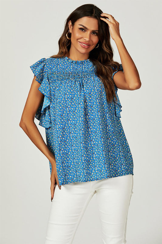 Floral Print Frill Hem Short Sleeve Blouse Top In Blue