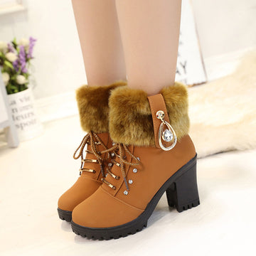 Cute Lace Up Chunky Heel Warm Short Boots