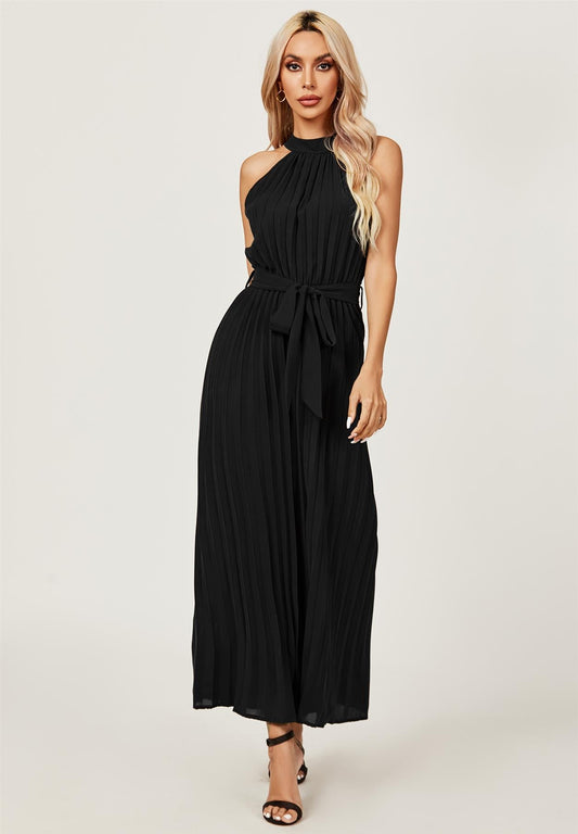 Halter Neck Pleated Jumpsuit In Black