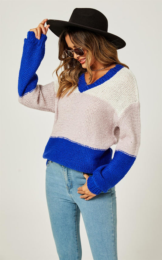 Stripe Block Colour Relaxed Knit Jumper Top In Blue & White