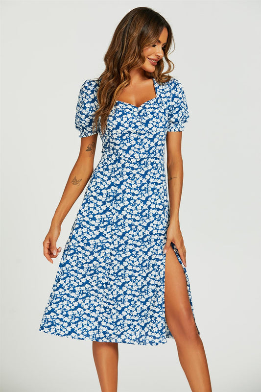 Floral Print Heart Neckline Split Midi Dress In Blue