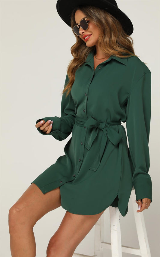 Relaxed Rounded Side Split Mini Shirt Dress In Green