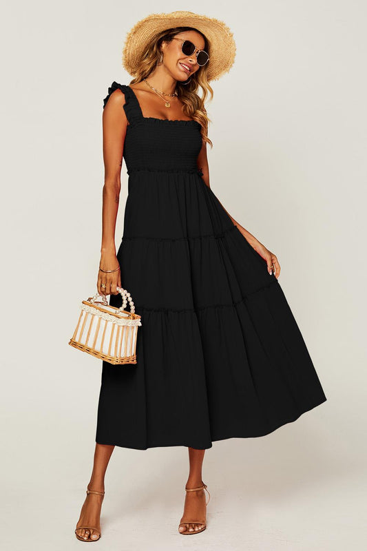 Hem Detail Tiered Maxi Dress In Black