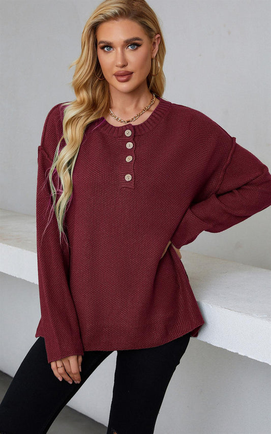 Button Detail Round Neck Sweater Jumper Top In Wine