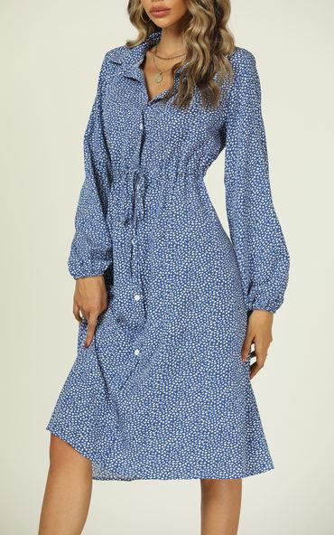 Floral Print MidiLittle Leaf Print Shirt Midi Dress With Tie Waist In Blue