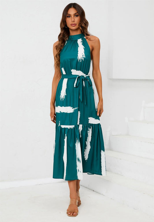 Printed Halter Neck Midi Dress In Green