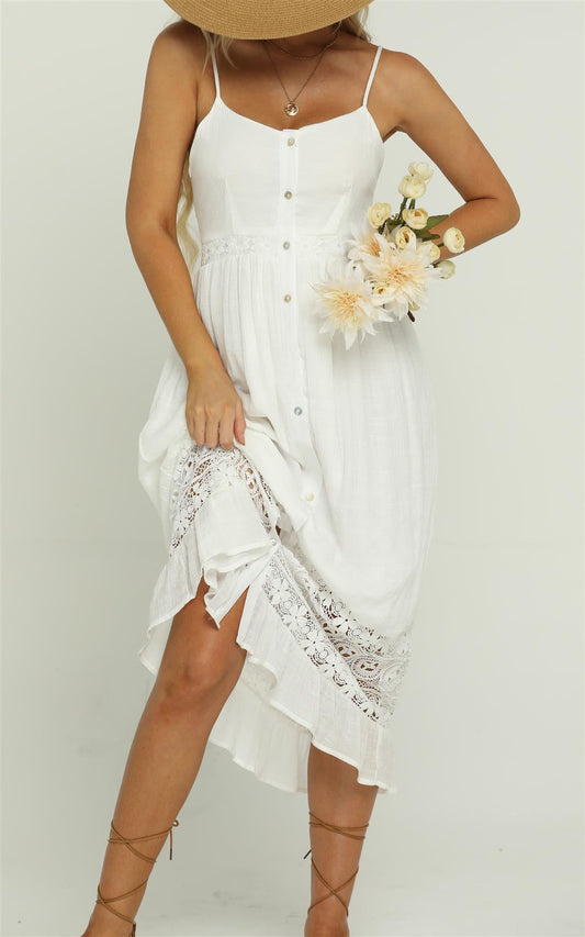 Lace Trim Detail Strappy Maxi Dress In White