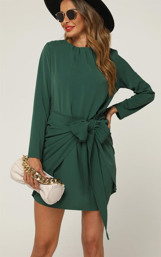 Long Sleeve Knot Tie Front Mini Dress In Green