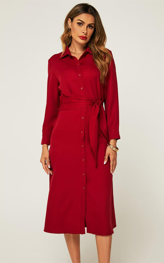 Wine Red Midi Shirt Dress With Tie Waist