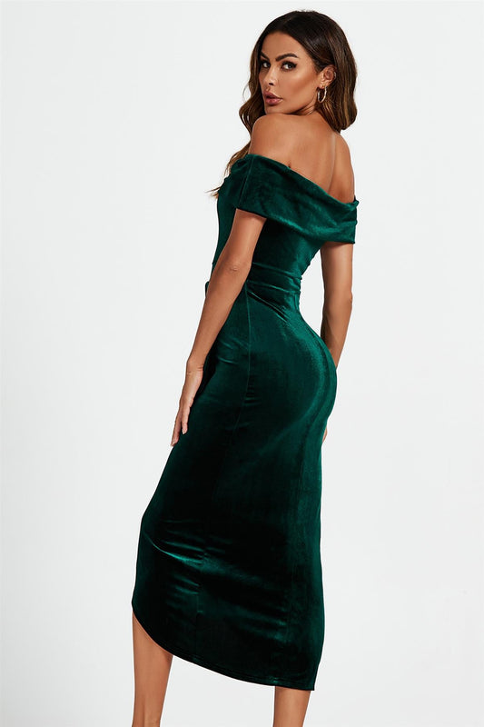 Off Shoulder Velvet Midi Dress In Green