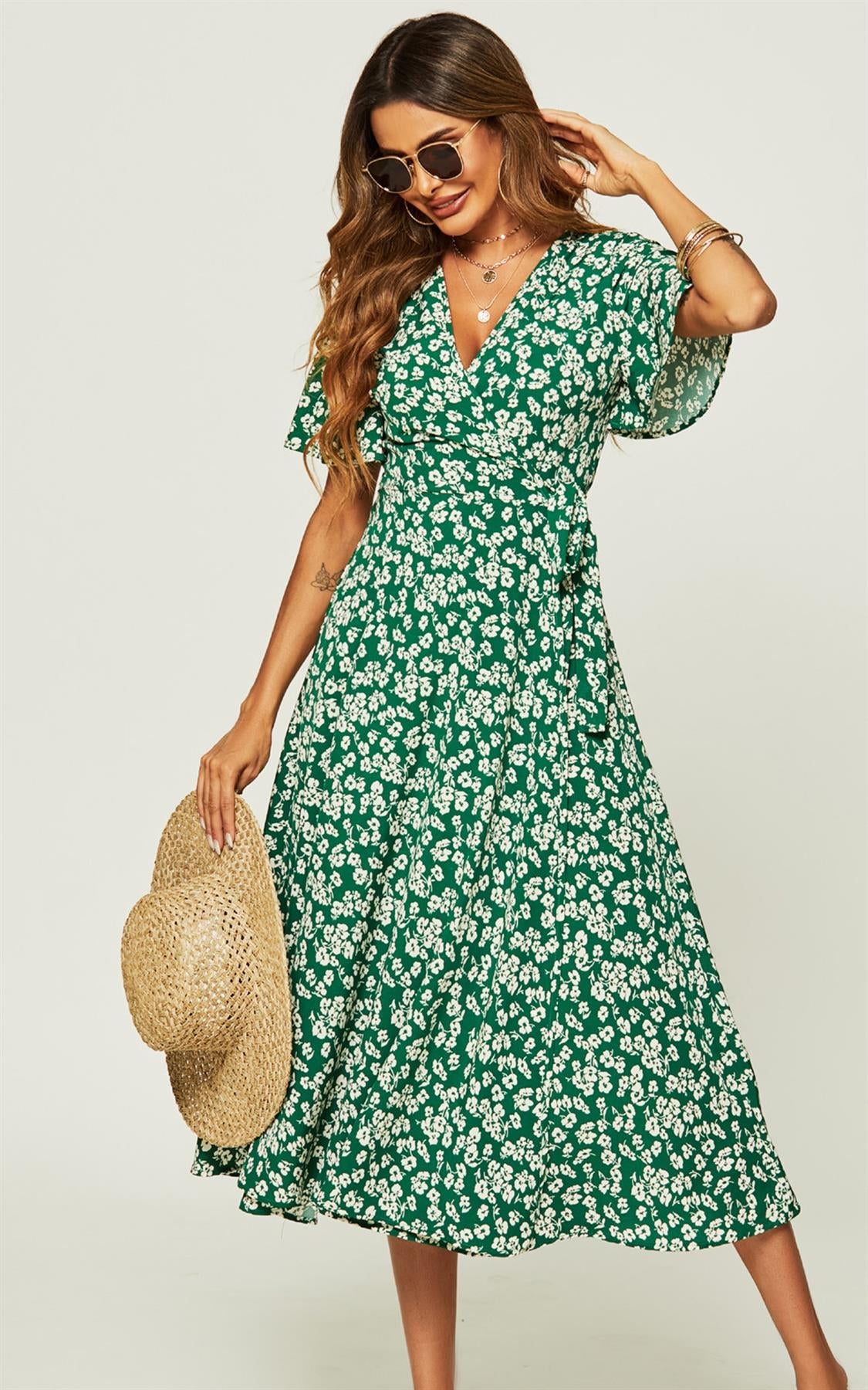 Floral Print Wrap Midi Dress In Green