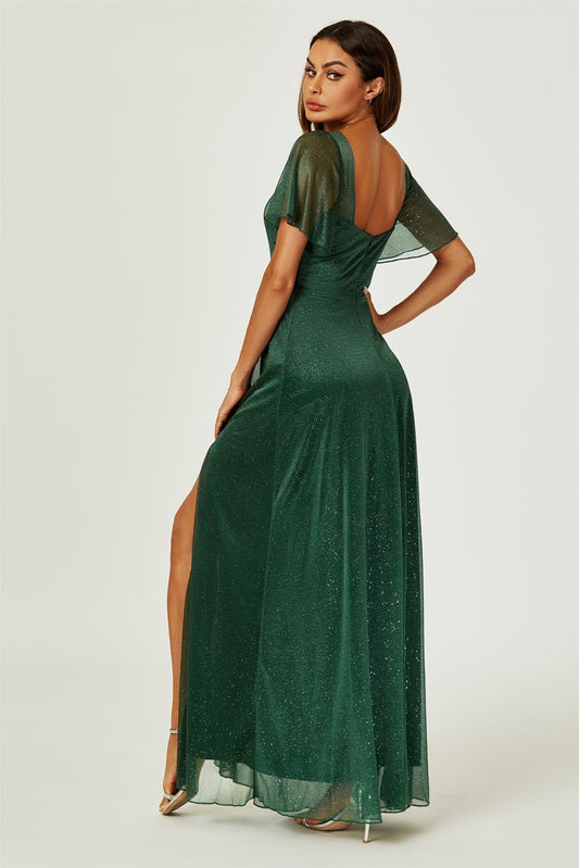 Silver Sparkly Empire Waist Bridesmaid Maxi Dress In Green