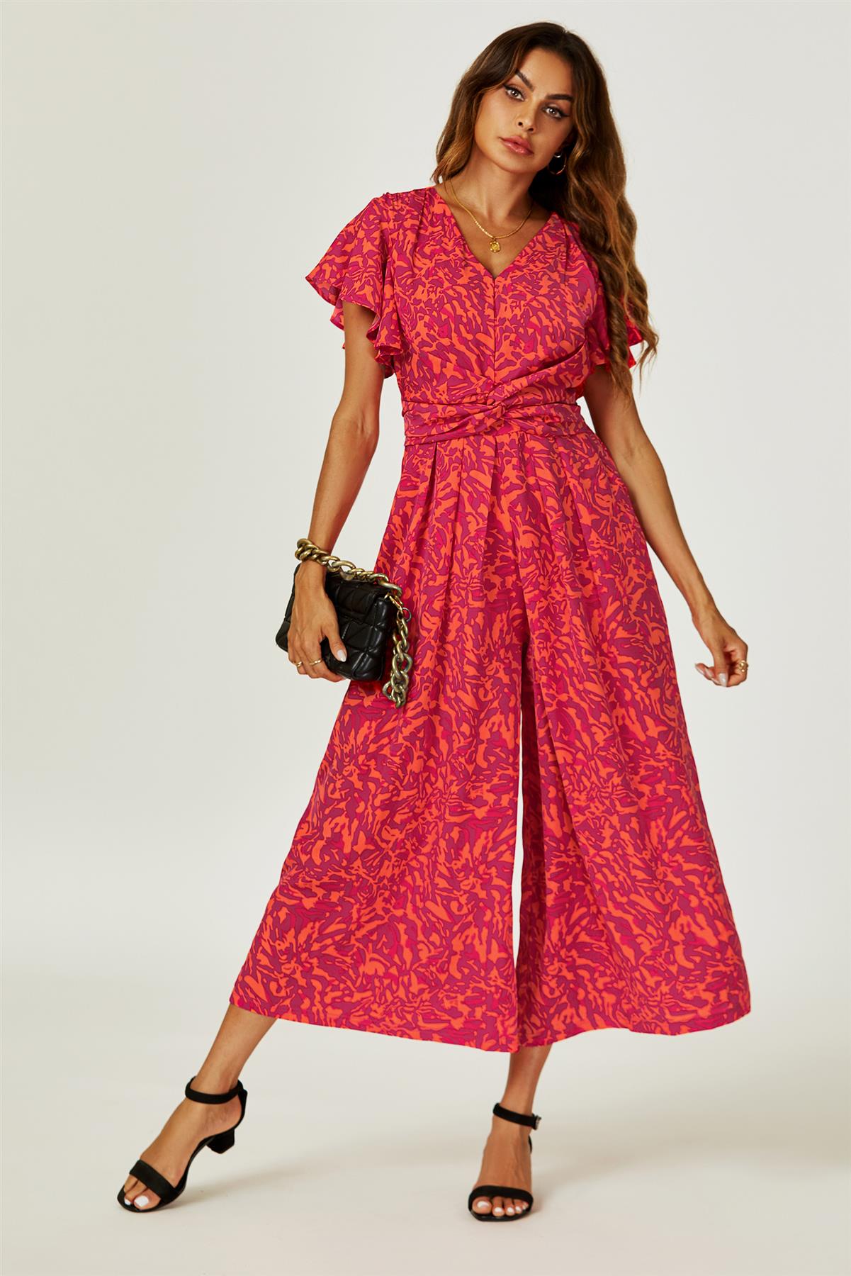 Printed Wide Leg Twist Jumpsuit In Fuchsia