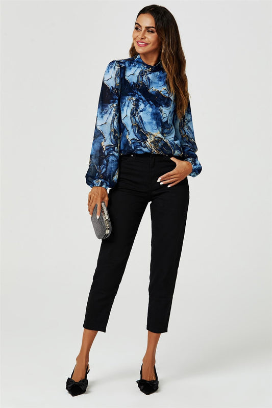 Marble Print Long Sleeve High Neck Top In Navy