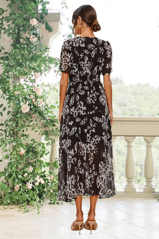 Leopard Floral Print Angel Sleeve Maxi Dress In Black