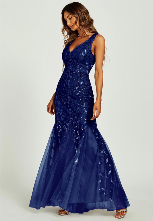 Sequin Leaf Detailed V Neck Bridesmaid Maxi Dress In Navy