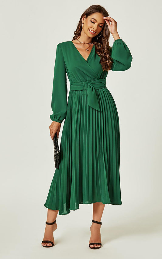 Pleated Midi Skirt Wrap Dress In Green