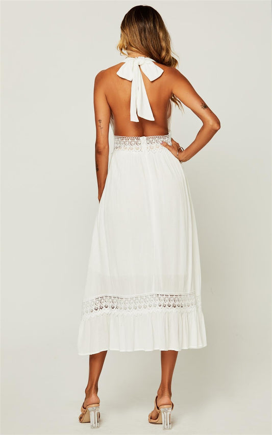 V Neck Back Tie Detail Lace Midi Dress In Ivory White