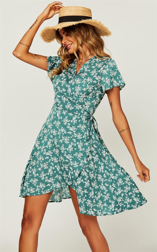 Sprint Summer Floral Print Mini Wrap Dress In Green