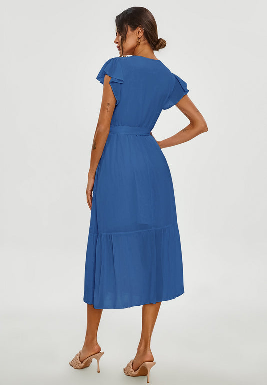 Frill Hem Short Sleeve Midi Dress In Blue