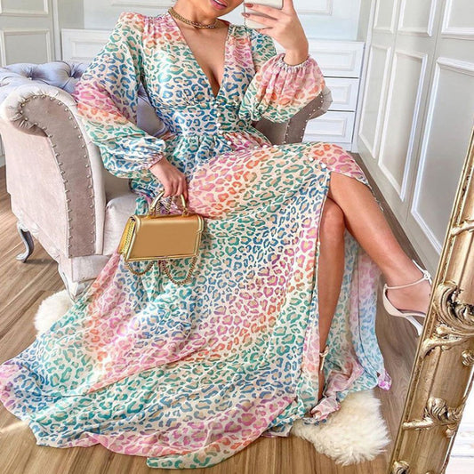 Lantern Sleeve Colorful Leopard Print Casual Maxi Dress