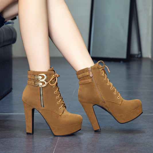 Pointed Lace Up Middle Chunky Heels Short Boots