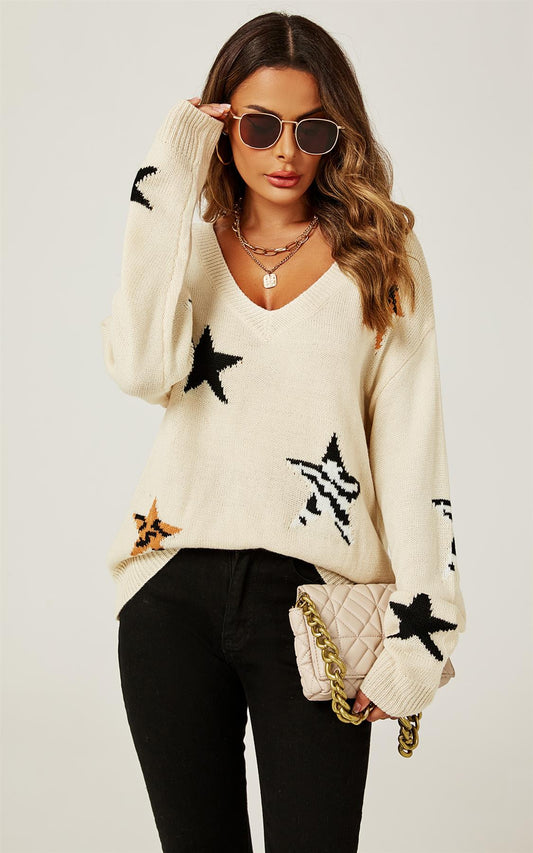 Relaxed Soft V Neck Animal Star Pattern Jumper Top In Beige