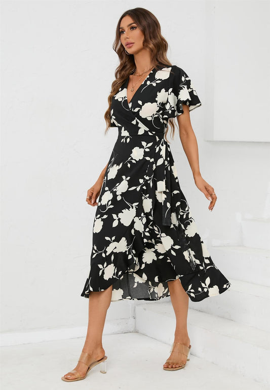 Angel Sleeve Wrap Midi Dress In Black