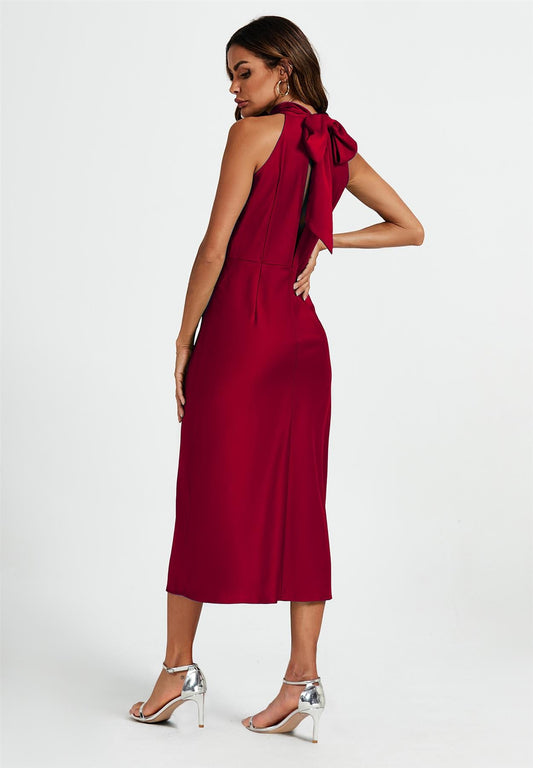 Satin Halter Neck Tie Back Midi Dress In Red