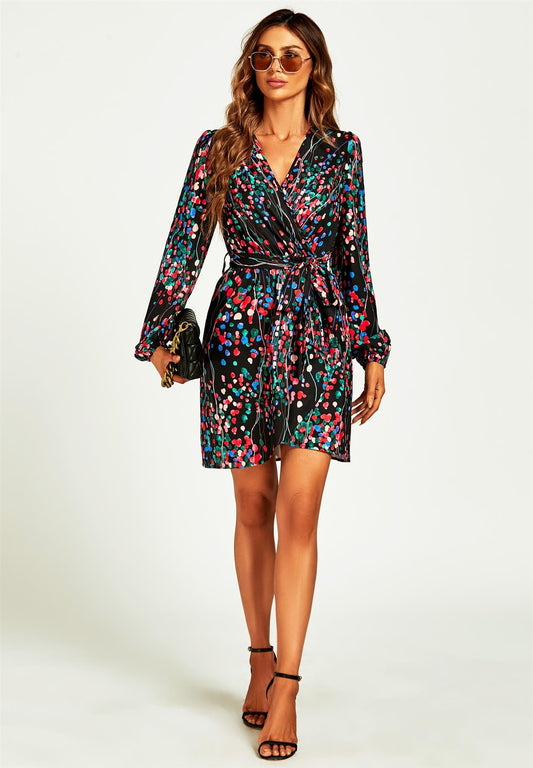 Abstract Floral Print Wrap Mini Dress In Black