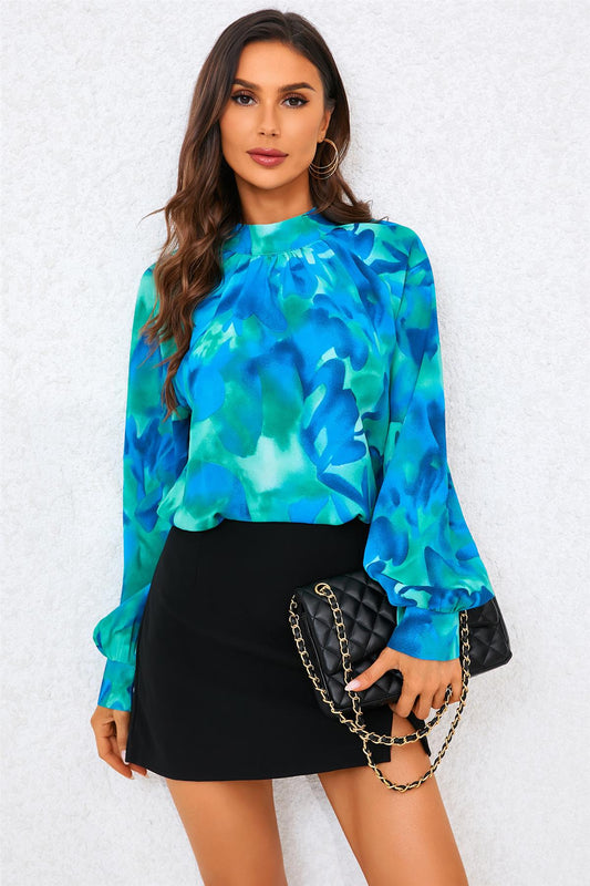 Abstract Floral Print Halter Neck Blouse Top In Blue