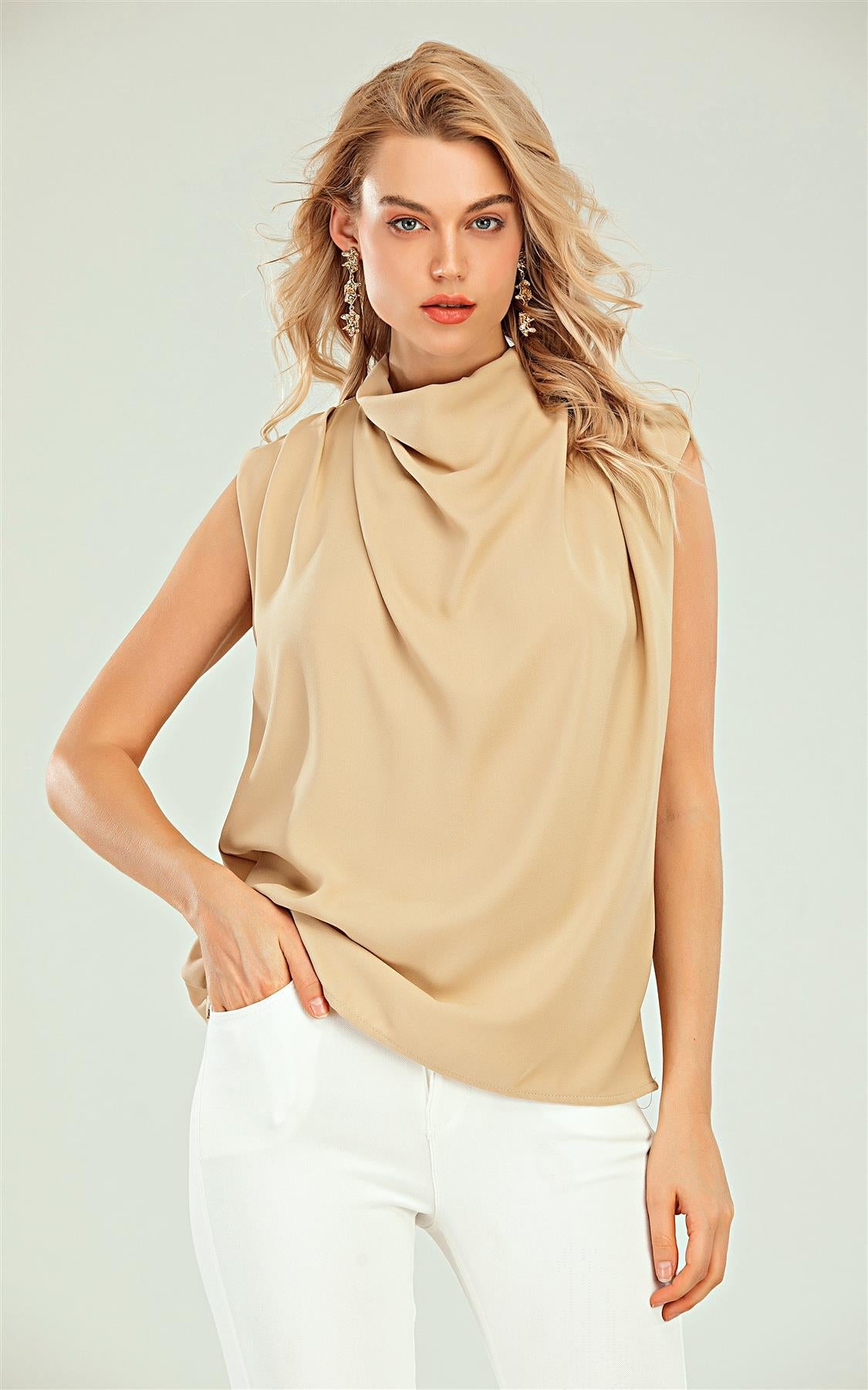 High Neck Sleeveless Blouse In Beige