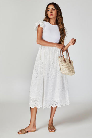 Jersey Broderie Midi Dress In White