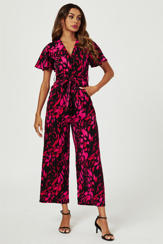 Pink Abstract Print Wrap Top Jumpsuit In Black