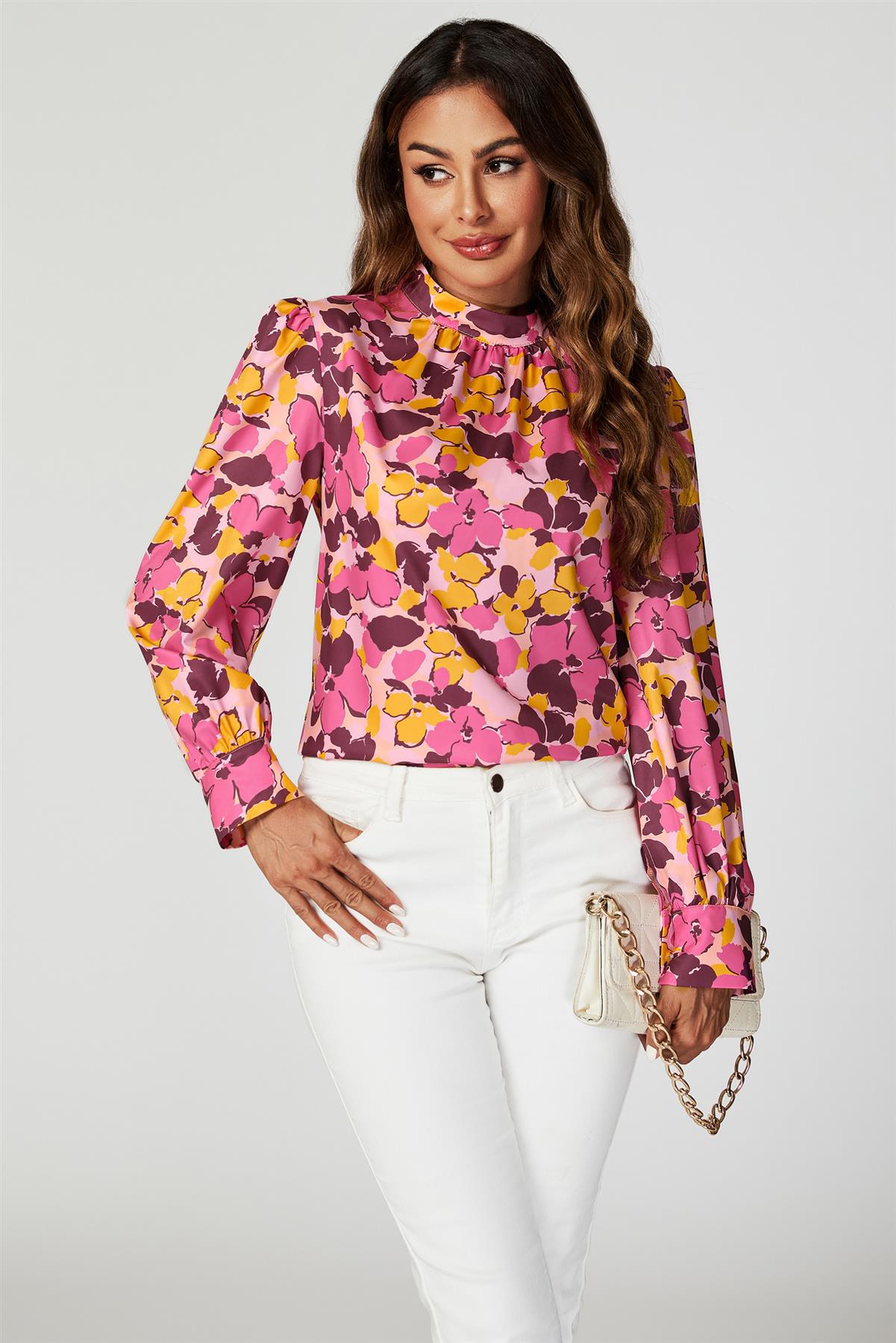 Floral Print Long Sleeve High Neck Top In Pink