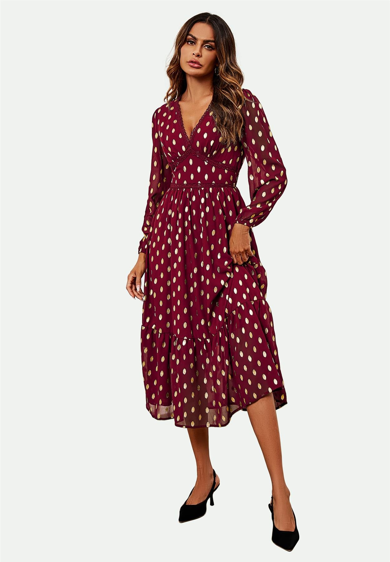 Lace Trim Foil Long Sleeve Maxi Dress In Wine