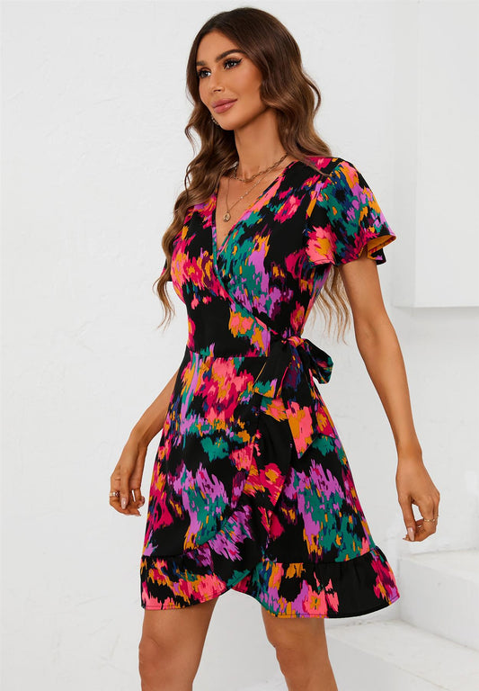 Multi Colour Printed Mini Wrap Dress In Black