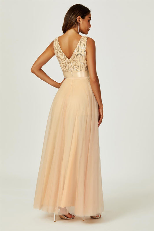 Sequin Top V Neck Bridesmaid Maxi Dress In Gold