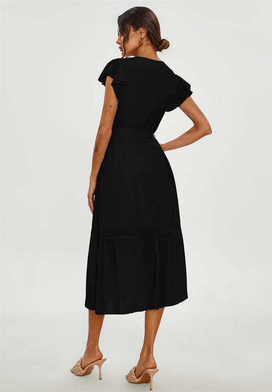 Frill Hem Short Sleeve Midi Dress In Black