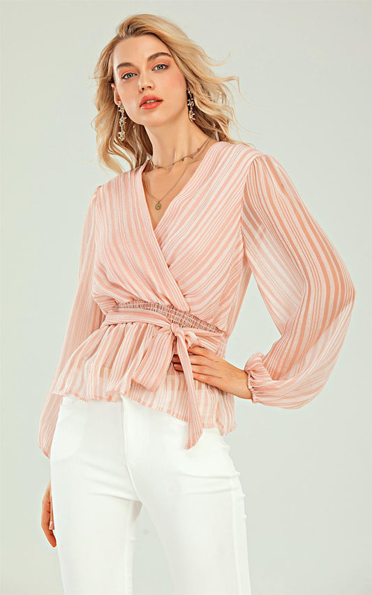 Long Sleeve V Neck Sheer Blouse In Pink