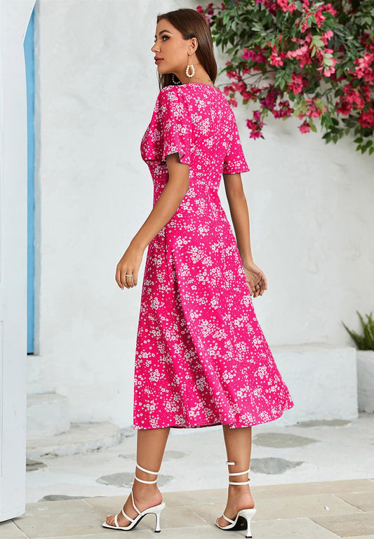 Floral Print Angel Sleeve Midi Dress In Hot Pink