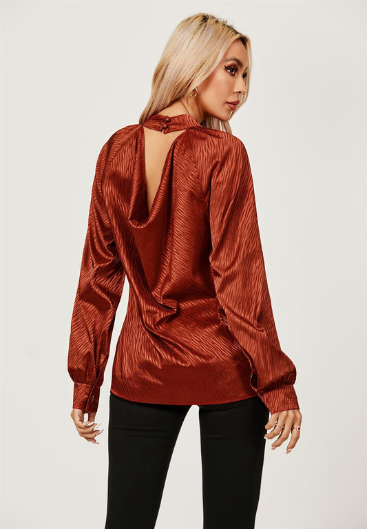 Halter Neck Satin Long Sleeve Blouse Top In Copper Red