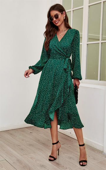 Long Sleeve Wrap Midi Dress In Green