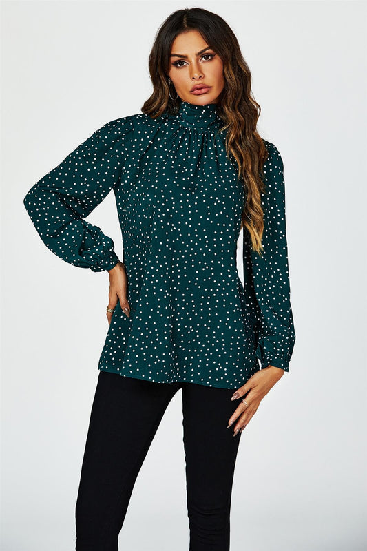 Polka Dot Print Long Sleeve Back Tie Blouse Top In Green