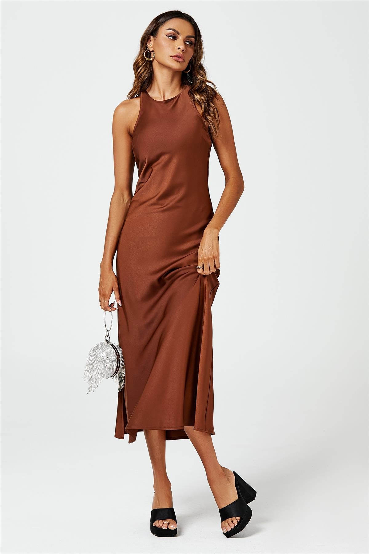 Slim-Fit Satin Midi Dress In Brown