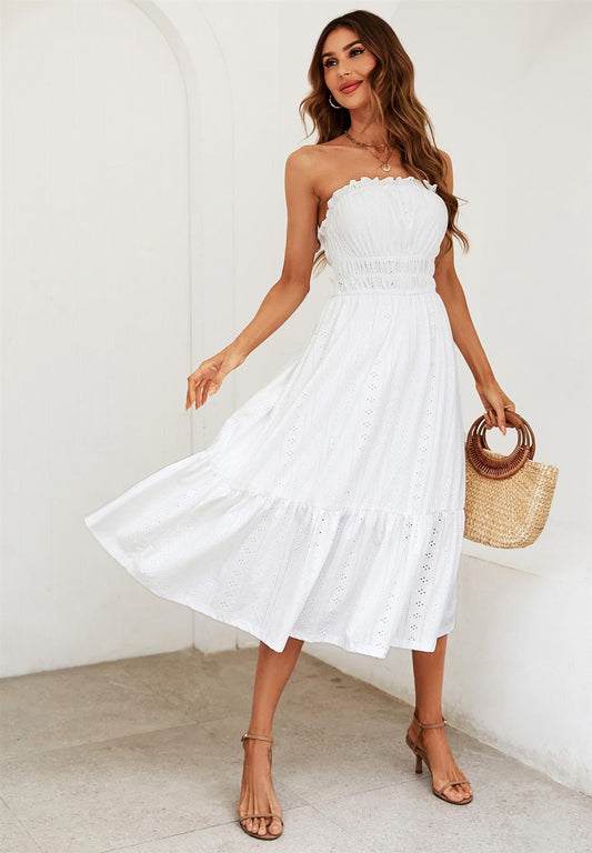 Embroidery Anglaise Midi Dress In White